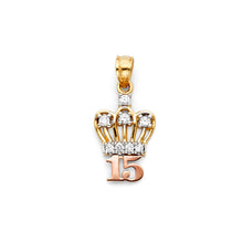 Load image into Gallery viewer, 14K Tri Color Gold CZ 15 Years Crown Pendant