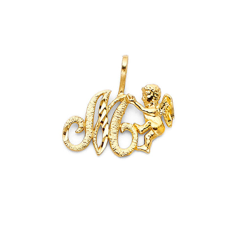 14K Yellow Gold Initial With Angel Pendant