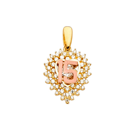 14K Two Tone Gold 13mm CZ 15 Years Pendant Or Half Set