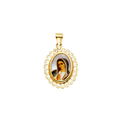 14K Yellow Gold Guadalupe Picture Oval Medal On Mother Of Pearl Pendant