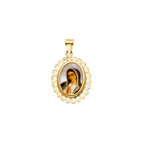 14K Yellow Gold Guadalupe Picture Oval Medal On Mother Of Pearl Pendant