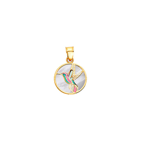 14K Yellow Gold Humming Bird Round Medal On Mother Of Pearl Pendant