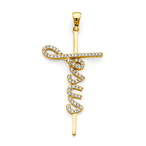 14K Yellow Gold CZ Jesus Cross Pendant