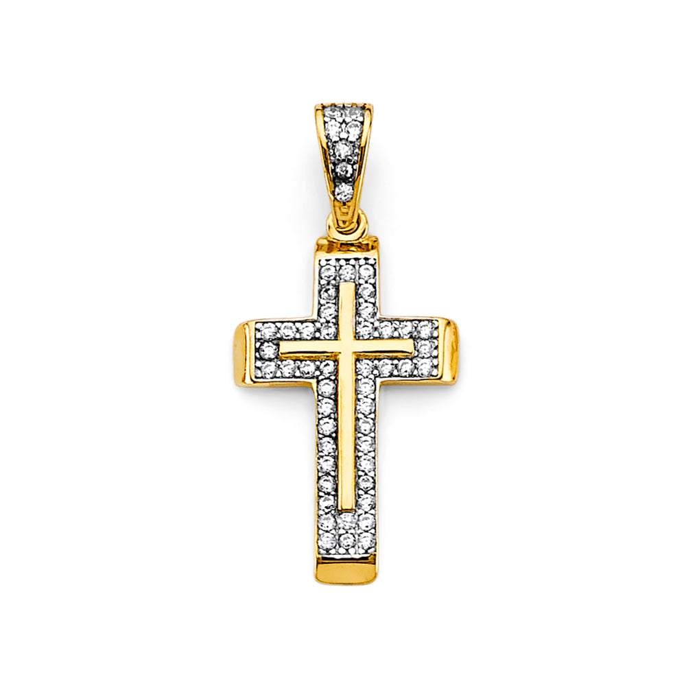 14K Two Tone Gold CZ Cross Pendant