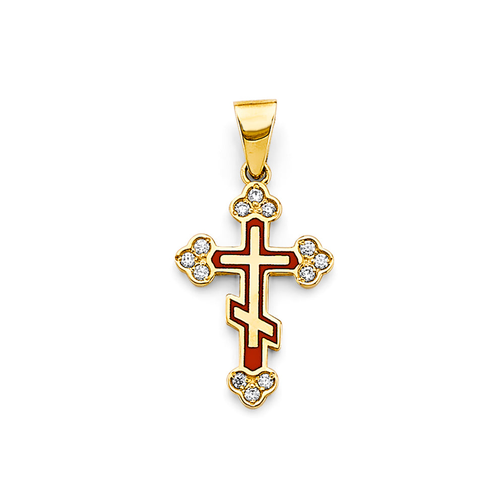 14K Yellow Gold Enamel CZ Cross Pendant