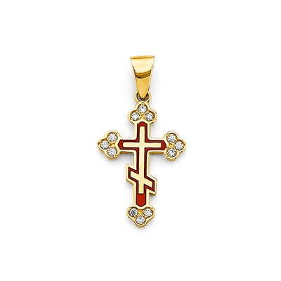 14K Yellow Gold Enamel CZ Cross Pendant