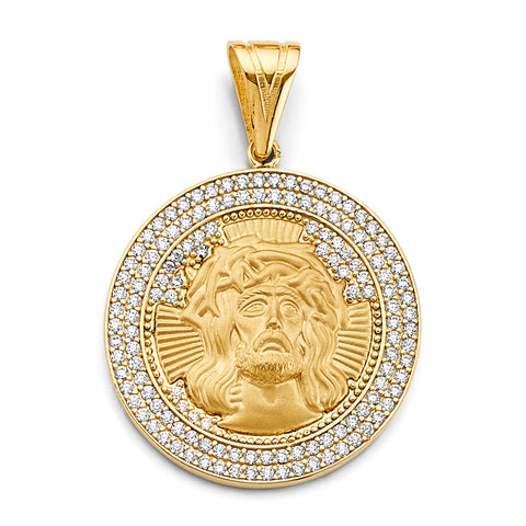 14K Yellow Gold CZ Round Jesus Face Pendant