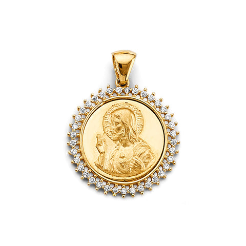 14K Yellow Gold CZ Round Jesus Christ Pendant