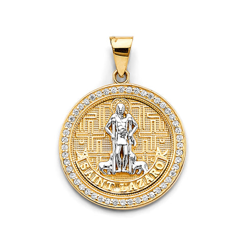 14K Two Tone Gold CZ Round San Lazaro Pendant