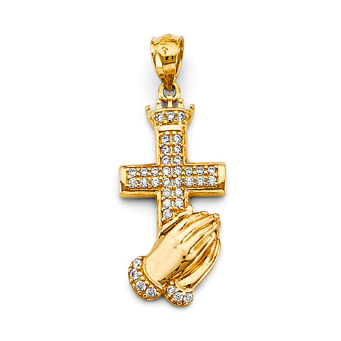 14K Yellow Gold CZ Praying Hand With Cross Pendant