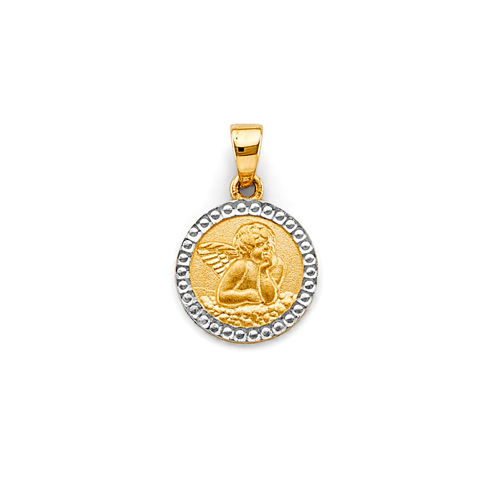 14K Two Tone Gold Round Angel Pendant