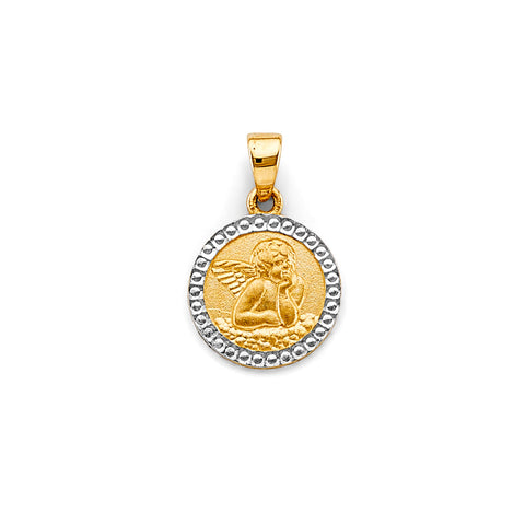 14K Two Tone Gold Round Angel Pendant