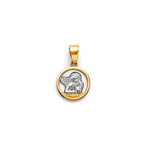 14K Two Tone Gold Small Round Angel Pendant