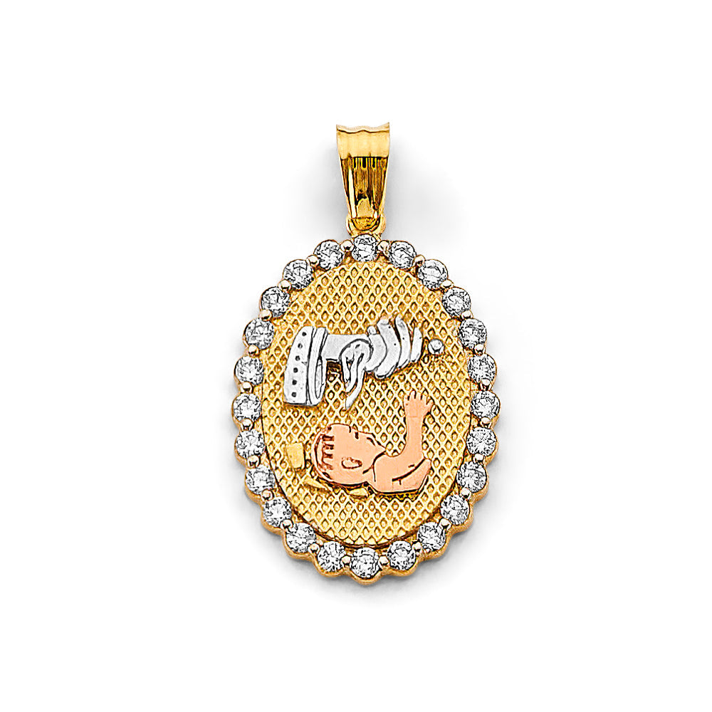 14K Tri Color Gold CZ Oval Baptism Pendant