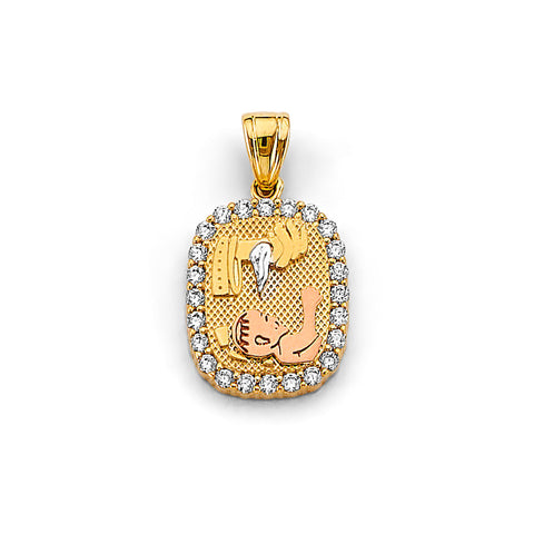 14K Tri Color Gold CZ Rectangular Baptism Pendant