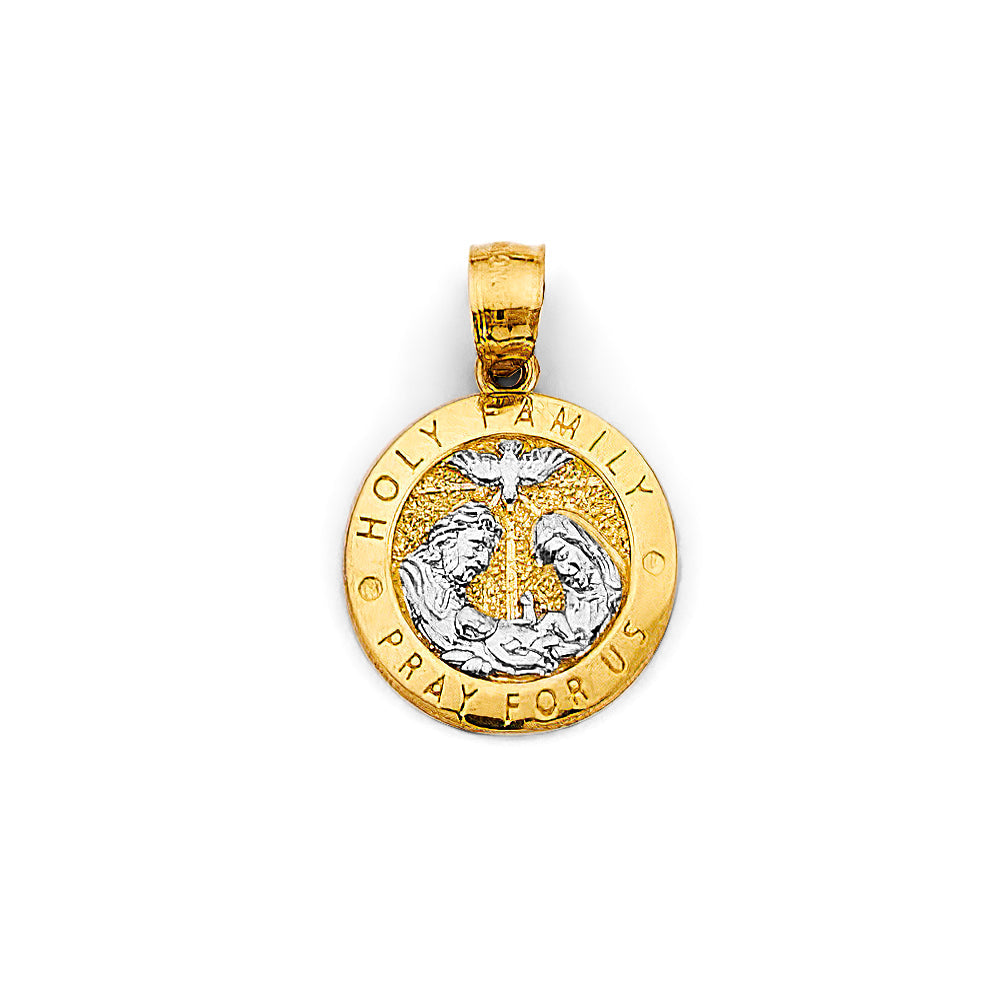 14K Two Tone Gold Round Holy Famiy Pendant