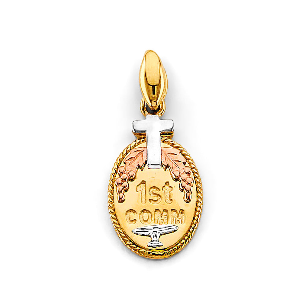 14K Tri Color Gold Oval 1st Communion Pendant