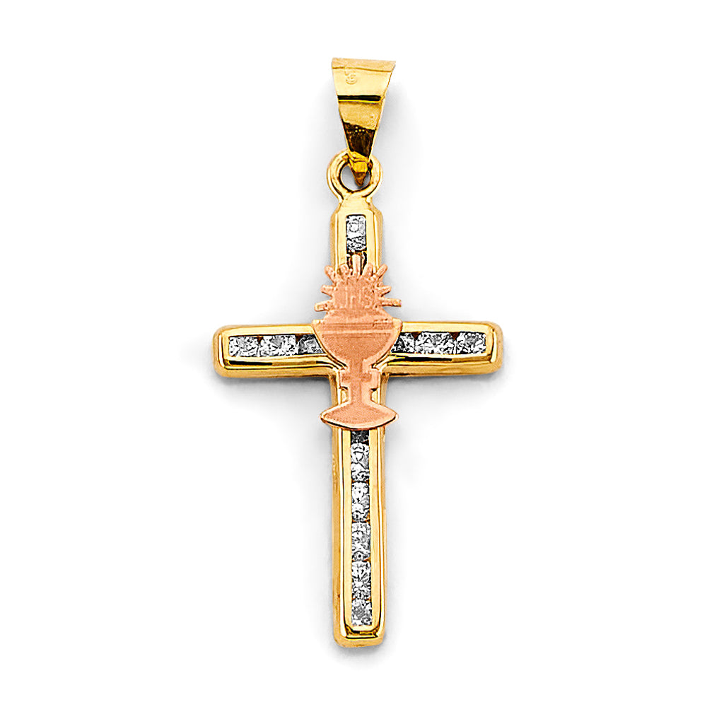 14K Two Tone Gold CZ First Communion Cross Pendant