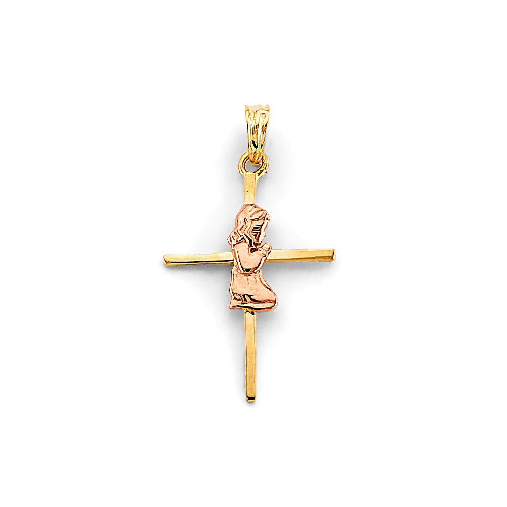 14K Two Tone Gold Girl First Communion Cross Pendant