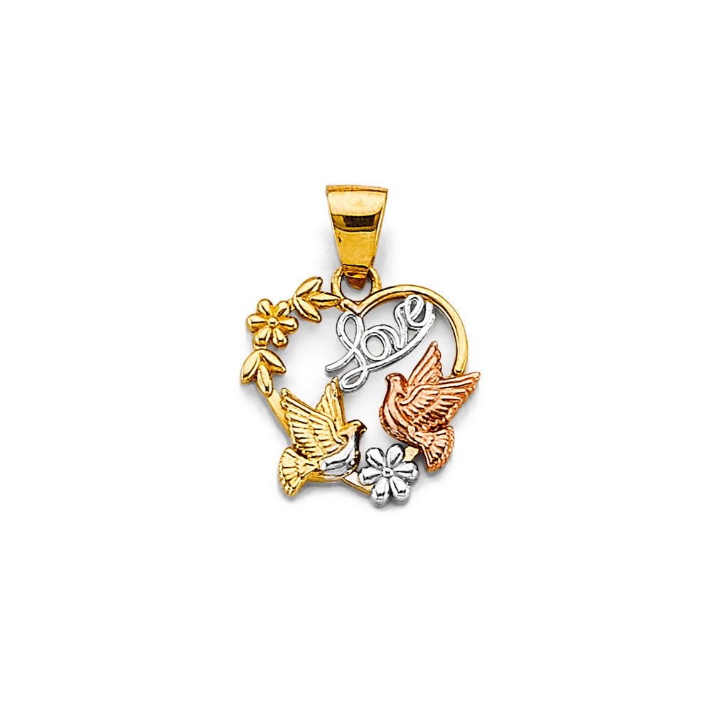 14K Tri Color Gold Heart Dove Pendant