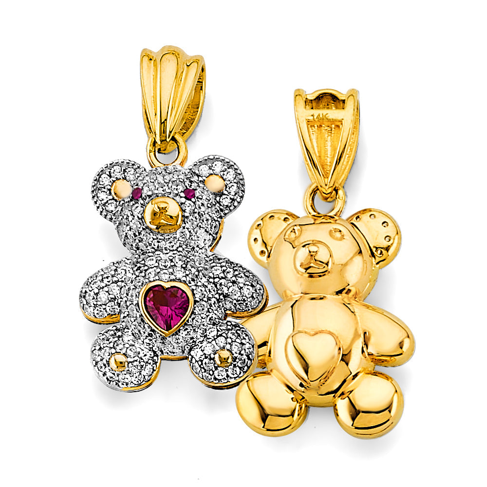 14K Two Tone Gold CZ Red Heart Teddy Bear Pendant