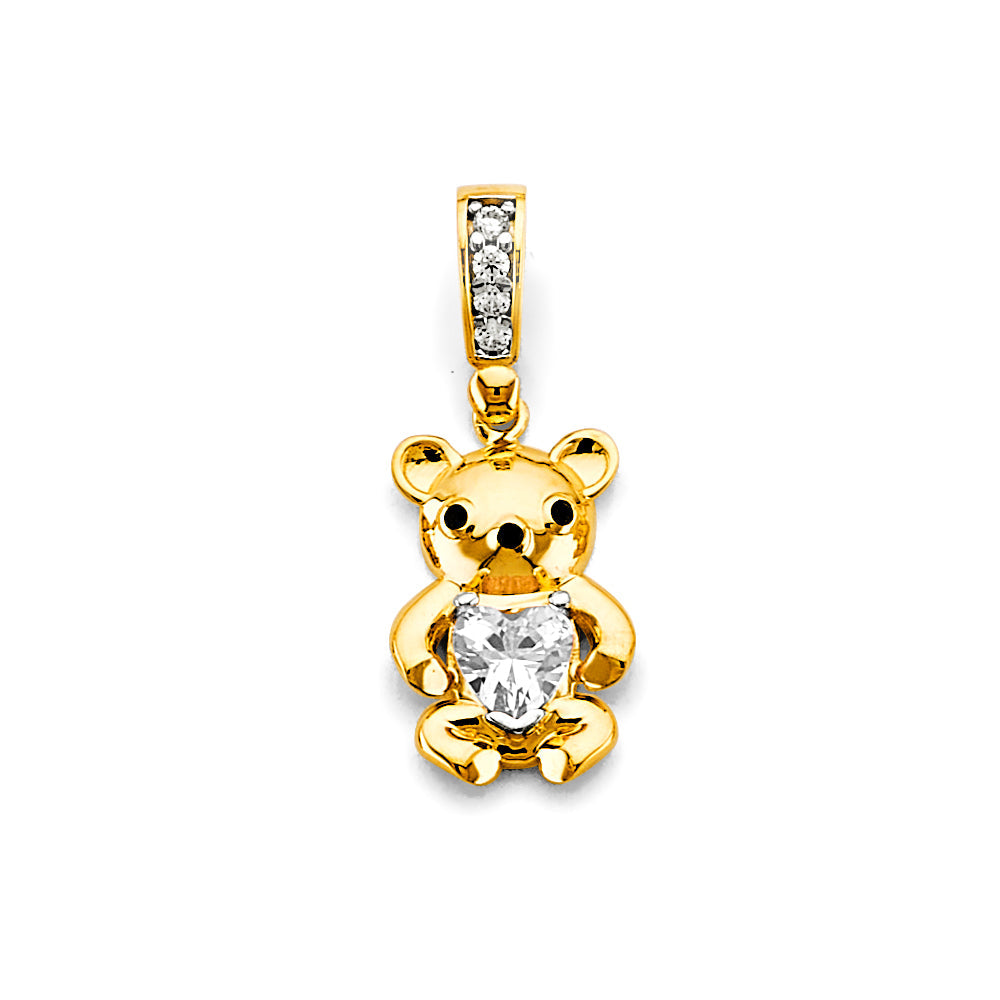 14K Yellow Gold CZ Heart Teddy Bear Pendant