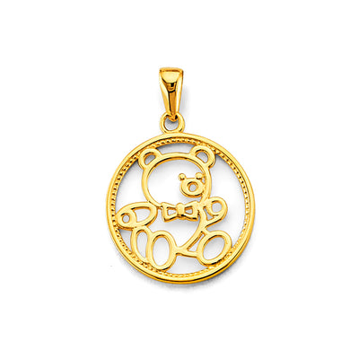 14K Yellow Gold Round Open Teddy Bear Pendant