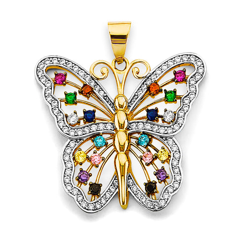 14K Two Tone Gold Multi Color CZ Big Butterfly Pendant