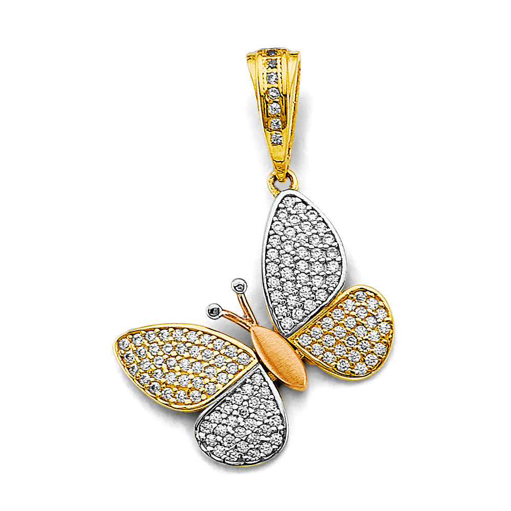 14K Tri Color Gold CZ Butterfly Pendant