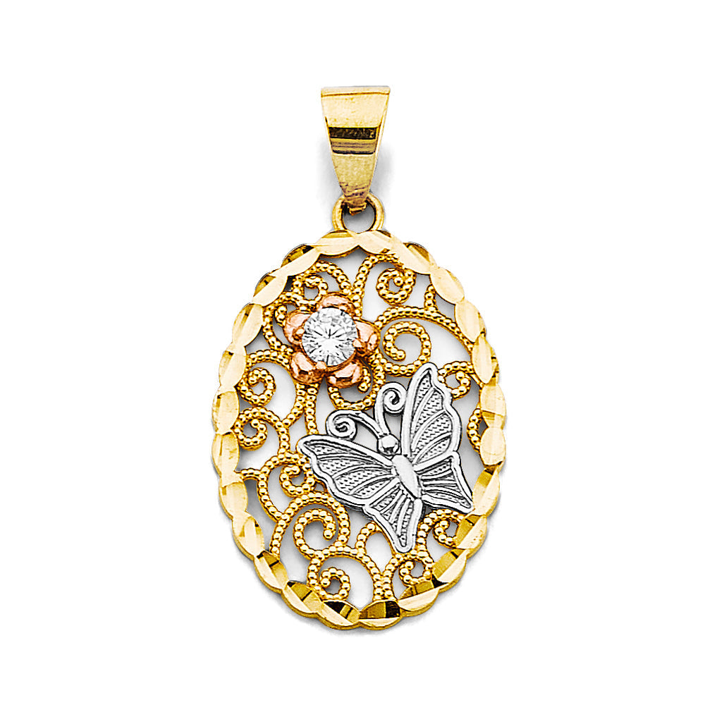 14K Tri Color Gold CZ Oval Pendant With Butterfly