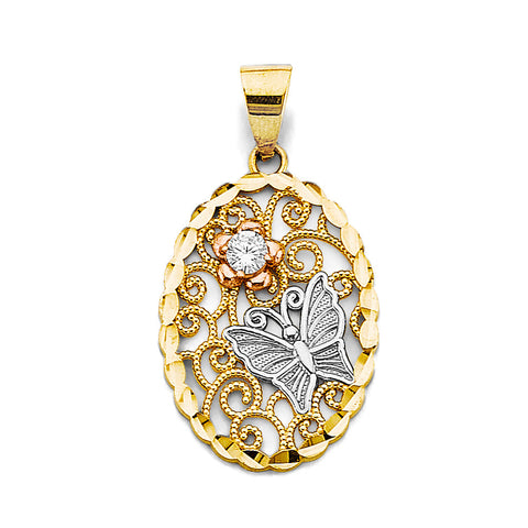 14K Tri Color Gold CZ Oval Pendant With Butterfly