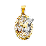 14K Tri Color Gold CZ Oval Pendant With Hummingbird