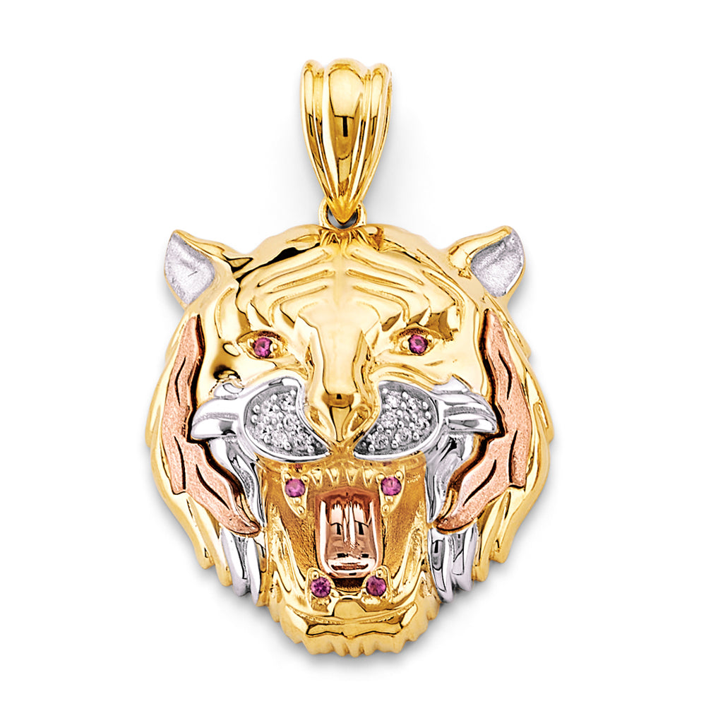 14K Tri Color Gold 30mm CZ Big Tiger Face Pendant