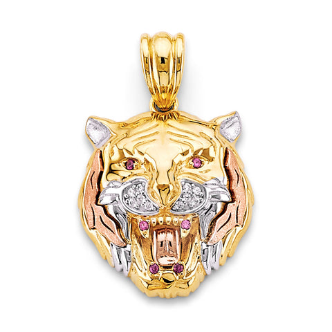 14K Tri Color Gold CZ Medium Tiger Face Pendant