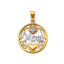 Load image into Gallery viewer, 14K Tri Color Gold CZ Round Mom Pendant