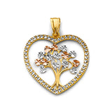 14K Tri Color Gold CZ Heart Tree Of Life Pendant