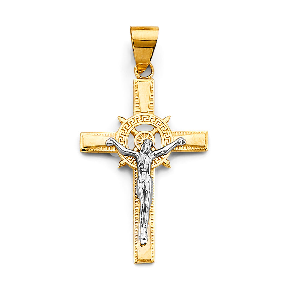 14K Two Tone Gold 18mm Greek Crucifix Cross Pendant