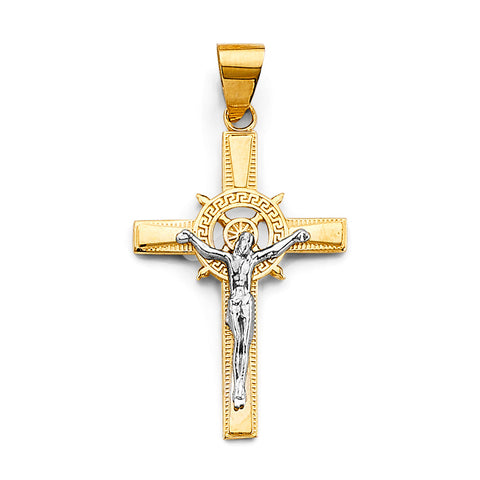 14K Two Tone Gold 18mm Greek Crucifix Cross Pendant