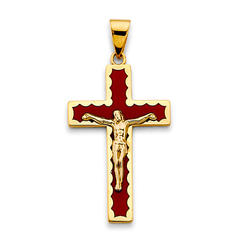 14K Yellow Gold Red Enamel Cross Pendant