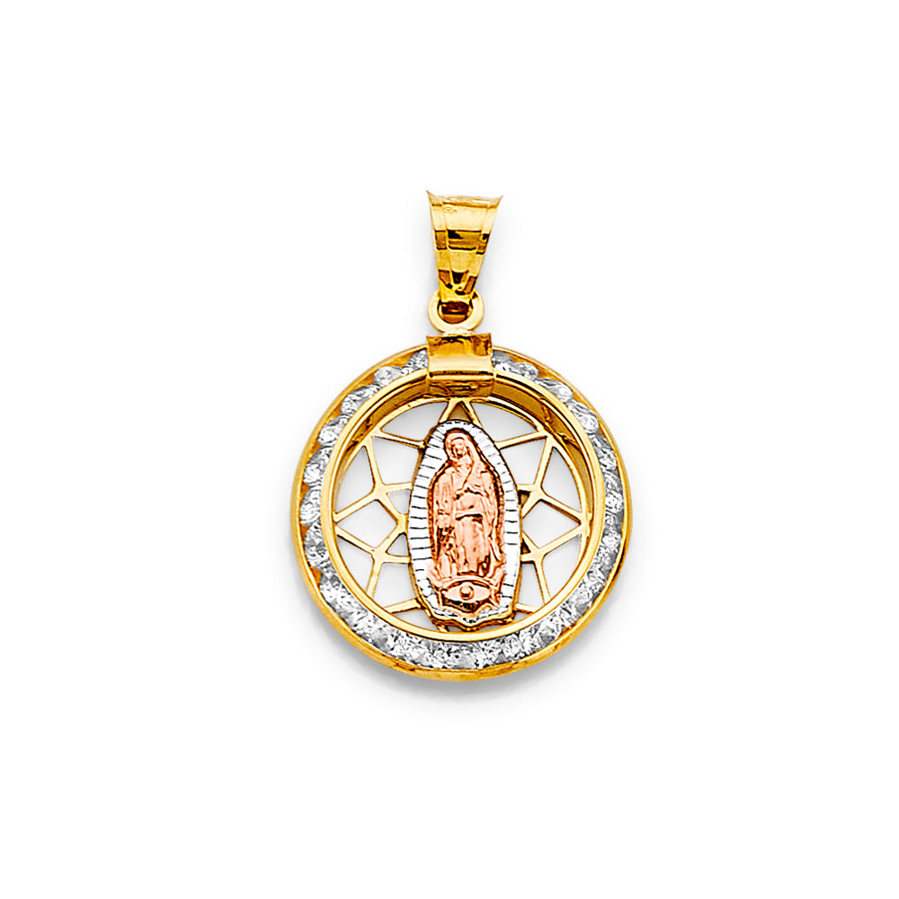 14K Tri Color Gold 15mm Round CZ Guadalupe Pendant