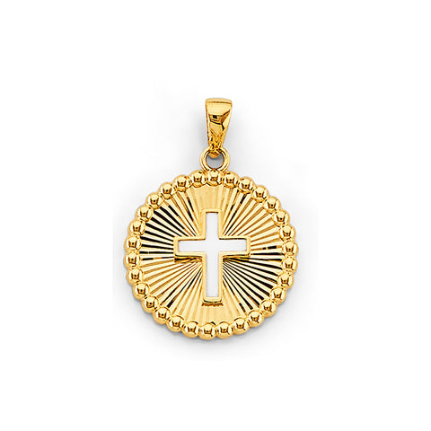 14K Yellow Gold Round Frame With Cross Pendant