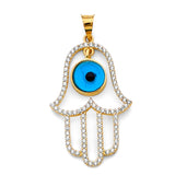 14K Two Tone Gold CZ Hamsa Hand With Evil Eye Pendant