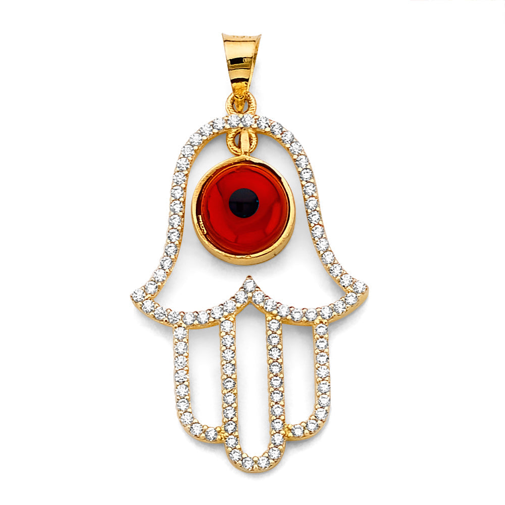 14K Two Tone Gold CZ Hamsa Hand With Red Evil Eye Pendant