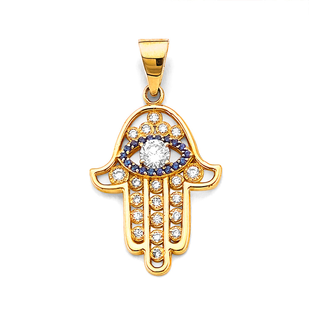 14K Yellow Gold CZ Hamsa Hand With Evil Eye Pendant