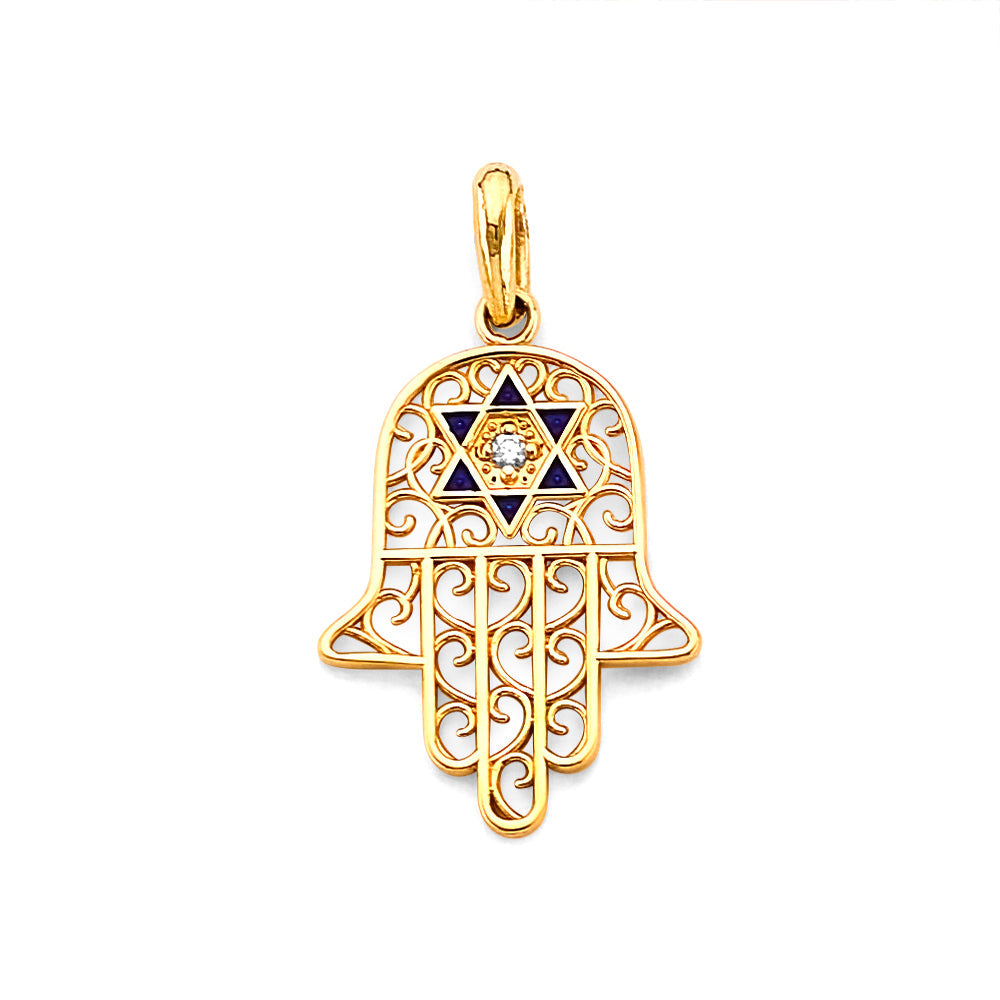 14K Yellow Gold CZ Enamel Hamsa Hand Pendant