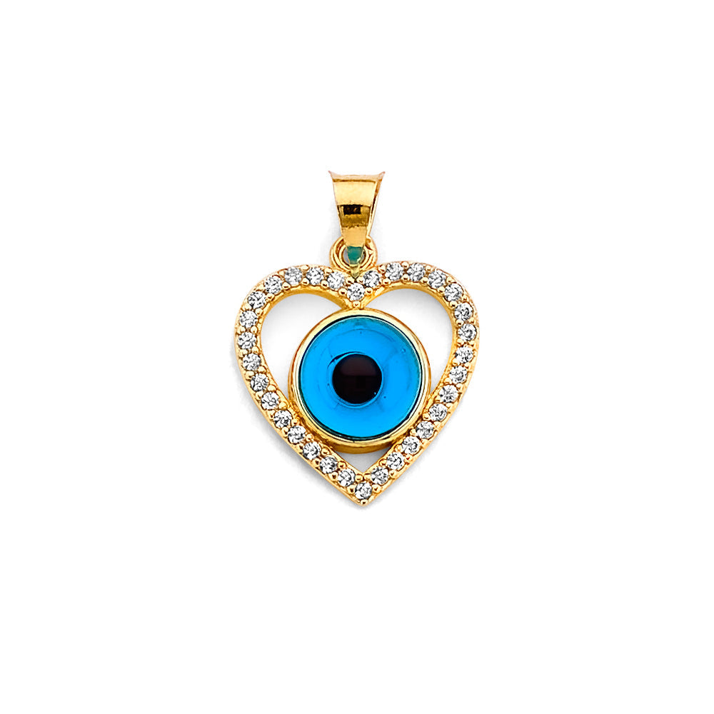 14K Two Tone Gold CZ Heart Evil Eye Pendant