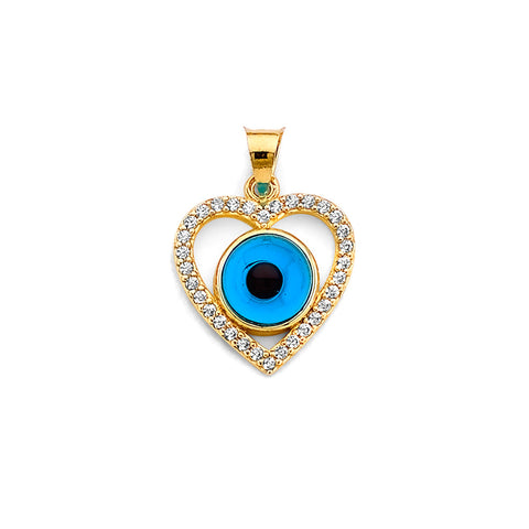 14K Two Tone Gold CZ Heart Evil Eye Pendant