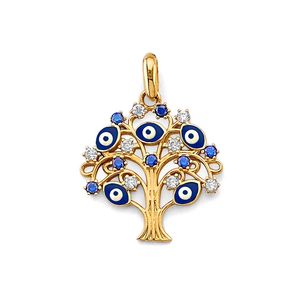 14K Yellow Gold CZ Tree Of Life And Evil Eye Pendant