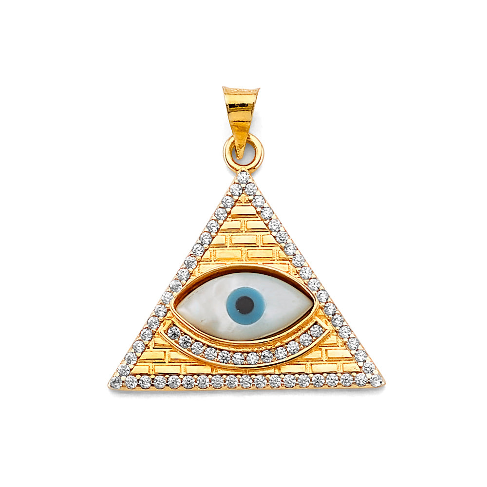 14K Two Tone Gold CZ Triangle Evil Eye Pendant