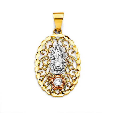 14K Tri Color Gold 17mm CZ Guadalupe Pendant